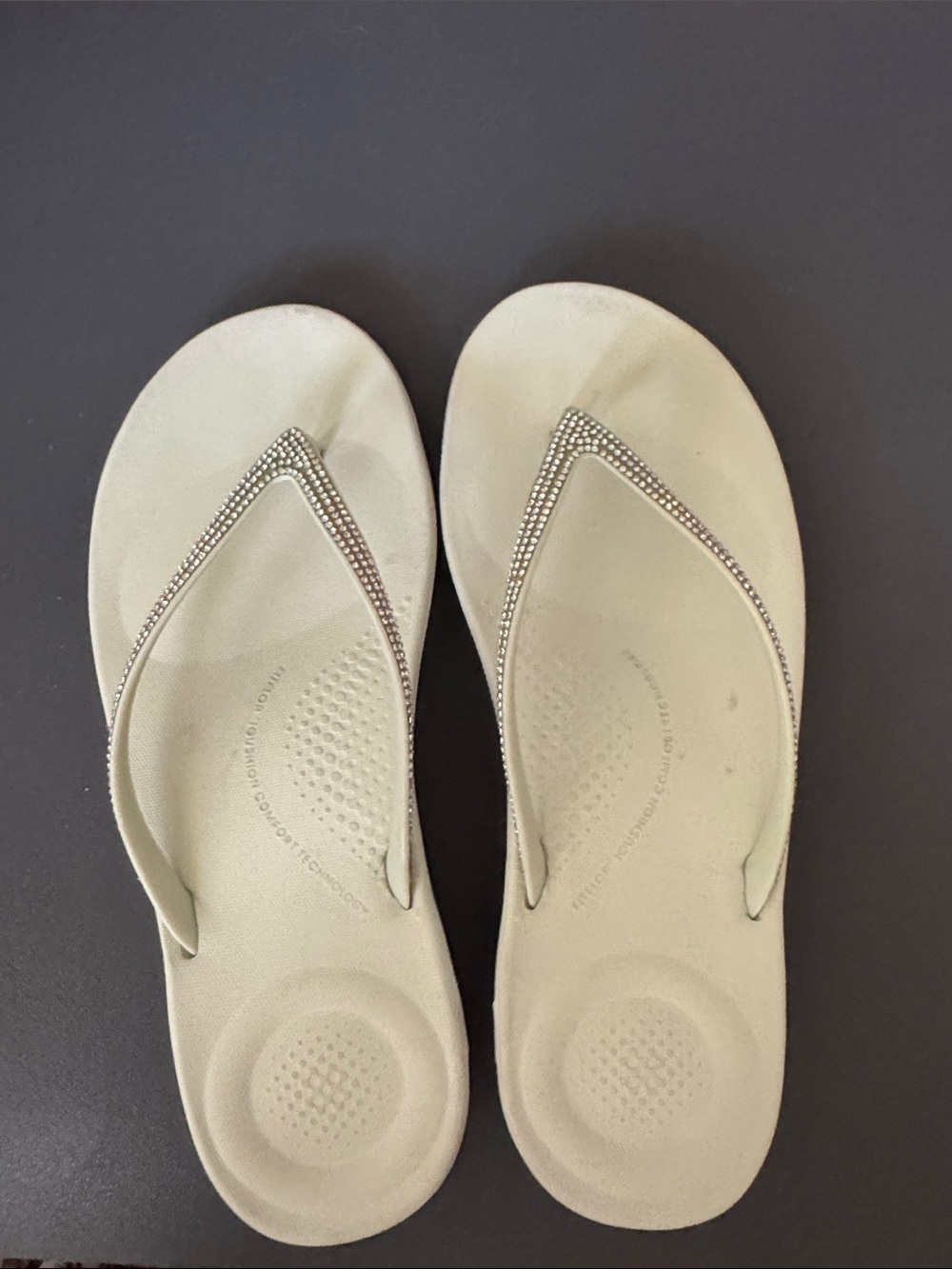 Fitflop Women's Pale Green Comfort Flip Flops with Silver Rhinestone Straps